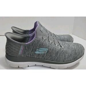 SKETCHERS SLIP INS~WOMENS~GRAY w/lavender/aqua lettering/trim~MEMORY Size 10.5